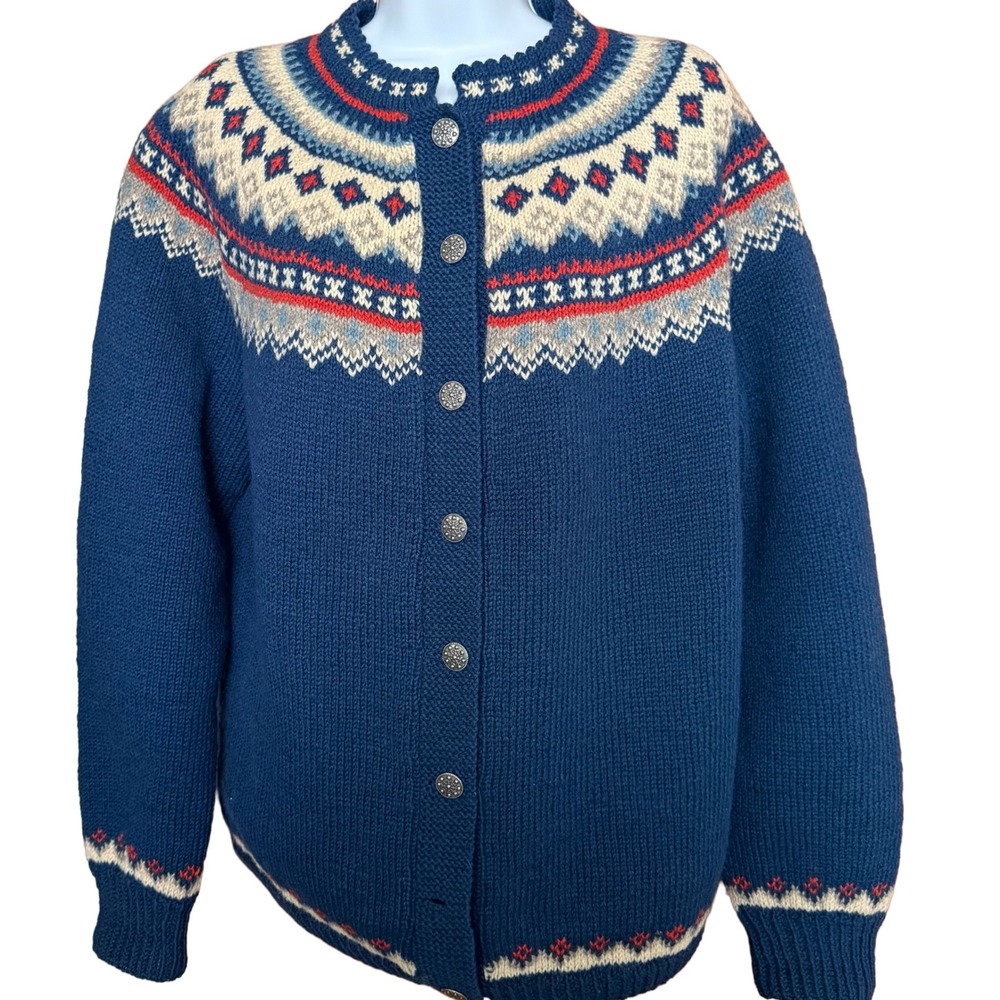 VTG Husfliden Lillehammer Norwegian Wool Cardigan Sweater Hand Knit Nordic M/L